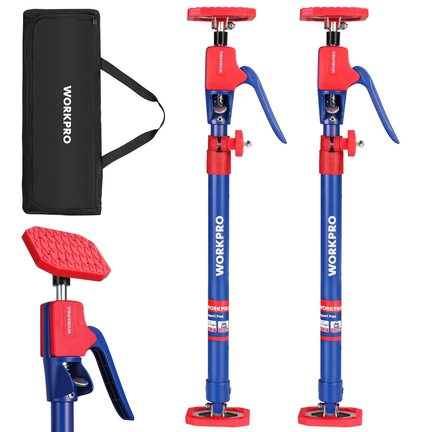 WORKPRO Cabinet Jack Support Pole, 54-114 Inches Steel Telescopic Quick Support Rod Adjustable 3rd Hand Support System with 154 lbs Capacity for Cabinet Jack, Drywall Jack& Cargo Bars, 4-Pack