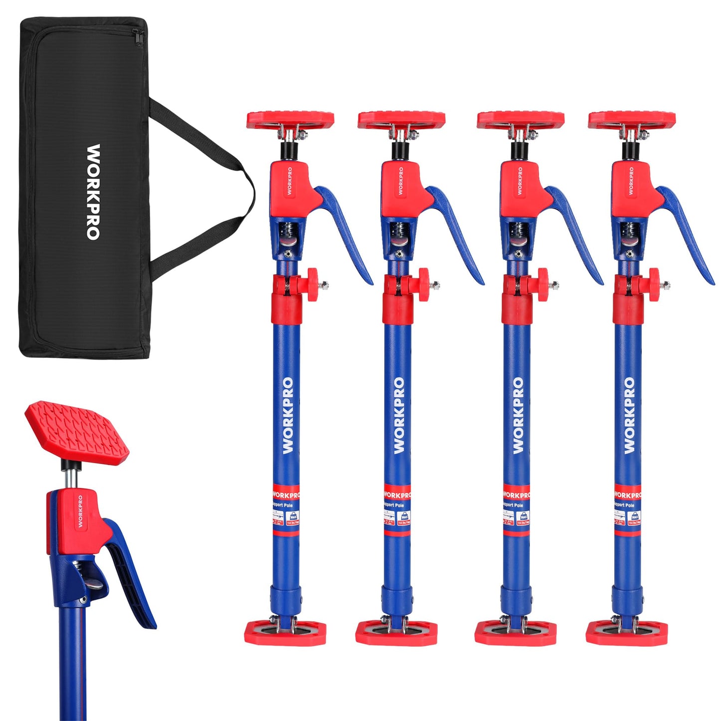 WORKPRO Cabinet Jack Support Pole, 54-114 Inches Steel Telescopic Quick Support Rod Adjustable 3rd Hand Support System with 154 lbs Capacity for Cabinet Jack, Drywall Jack& Cargo Bars, 4-Pack