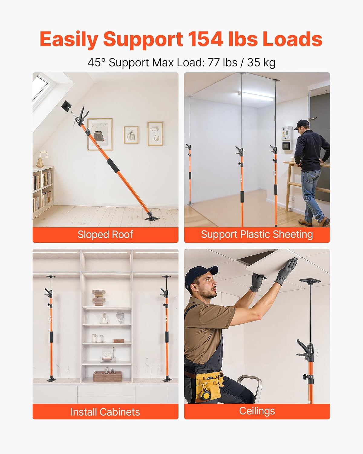 VEVOR Cabinet Jack Support Pole, 4-Pack, 45.7-114.2 Inch Steel Telescopic Quick Support Rod, Adjustable 3rd Hand System up to 154 lbs Capacity for Installing Cabinets, Lifting Drywall, Cargo Bars