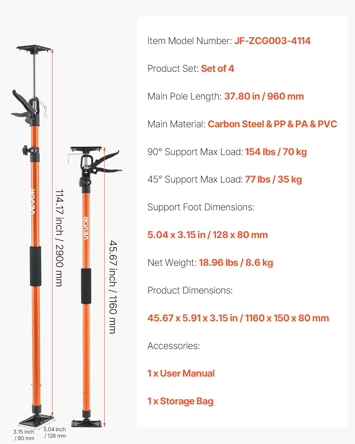 VEVOR Cabinet Jack Support Pole, 4-Pack, 45.7-114.2 Inch Steel Telescopic Quick Support Rod, Adjustable 3rd Hand System up to 154 lbs Capacity for Installing Cabinets, Lifting Drywall, Cargo Bars