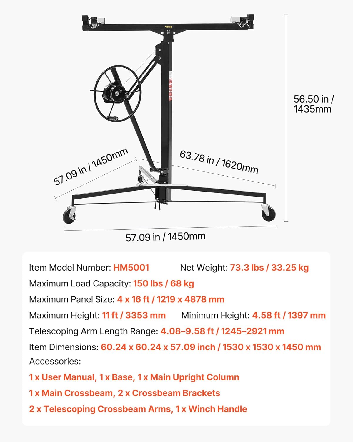 VEVOR 11ft Drywall Lift, Heavy-Duty 150 lbs Sheetrock Hoist with Adjustable Telescoping Arm, Lockable Wheels, Drywall Lifter Panel Jack Hoist Tools Ideal for Ceiling & Wall Installation (Black)