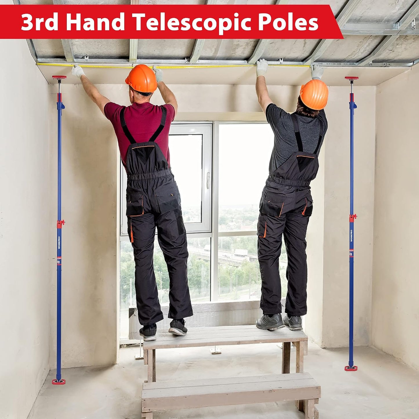 WORKPRO Cabinet Jack Support Pole, 54-114 Inches Steel Telescopic Quick Support Rod Adjustable 3rd Hand Support System with 154 lbs Capacity for Cabinet Jack, Drywall Jack& Cargo Bars, 4-Pack